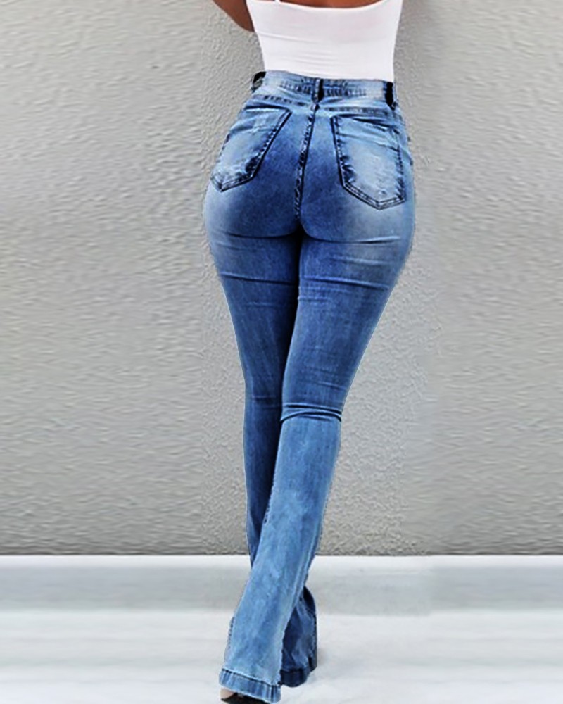 High Waist Ripped Bell-Bottom Jeans | Soon Yours